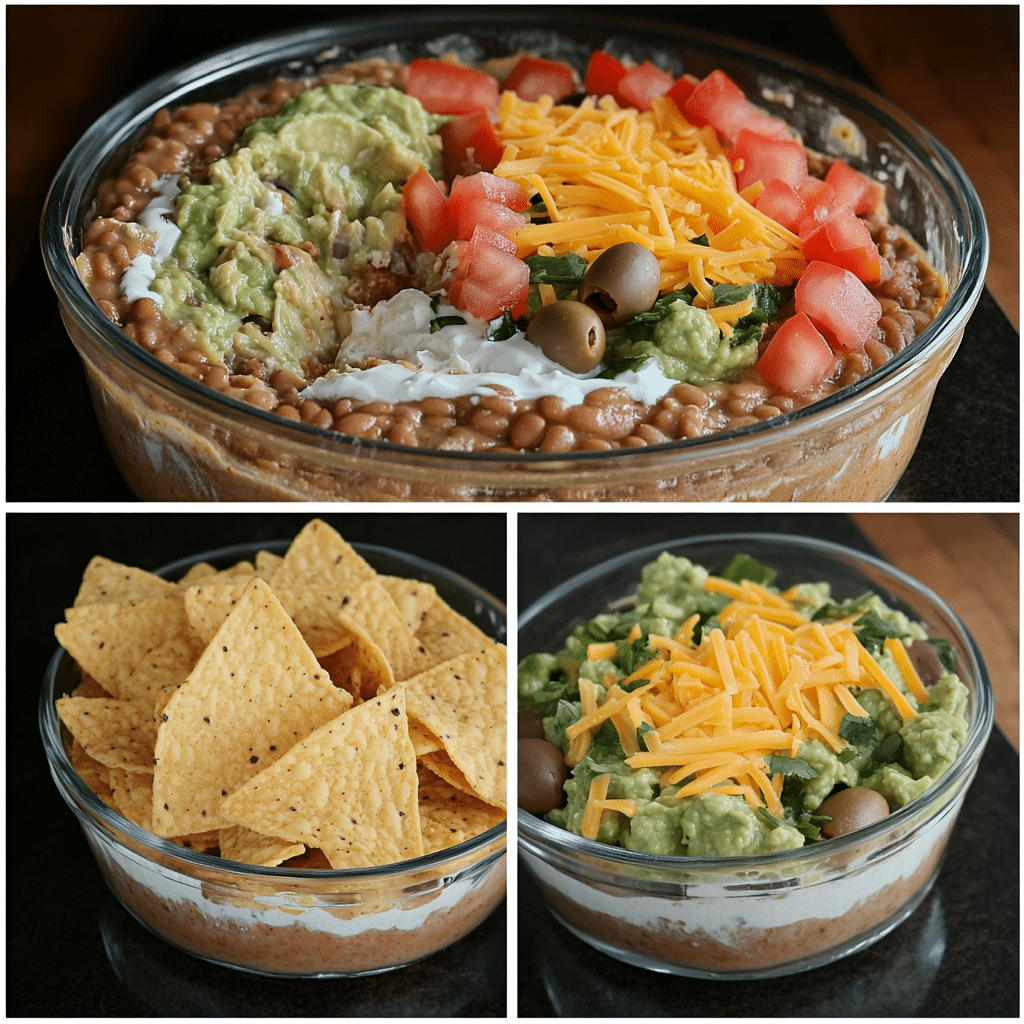 Four-panel collage showing layering beans, seasoned sour cream, guacamole and salsa, and finishing toppings for 7 layer dip