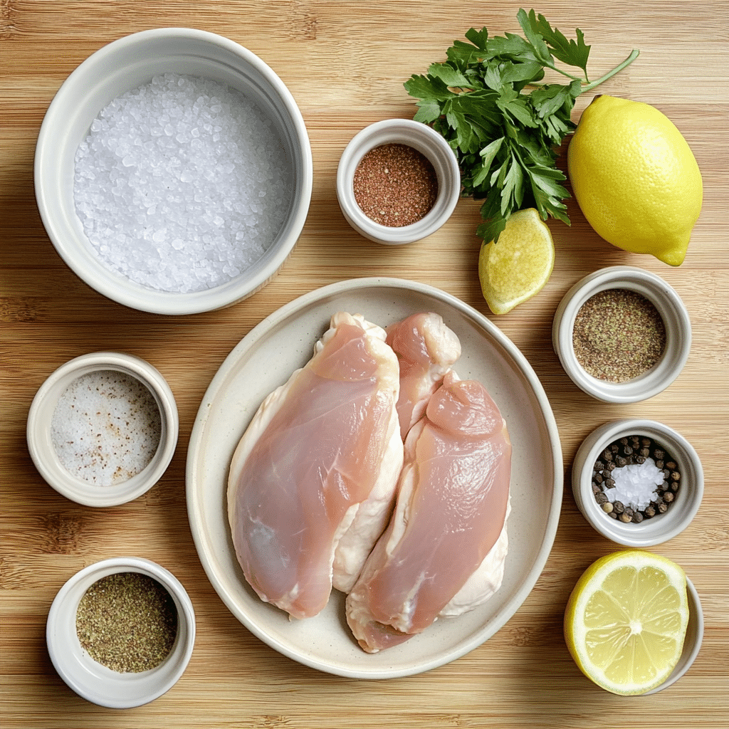 Overhead view of chicken, salt water brine, olive oil, and spices on a wooden counter.