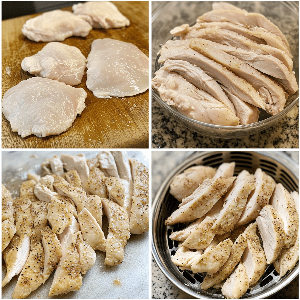 Four-photo collage showing pounding, brining, air frying, and slicing chicken breast.