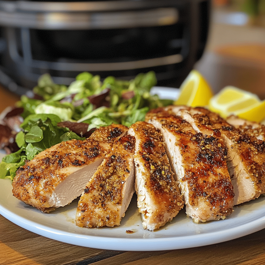 Sliced air fryer chicken breast on a white plate with salad and lemon wedges.