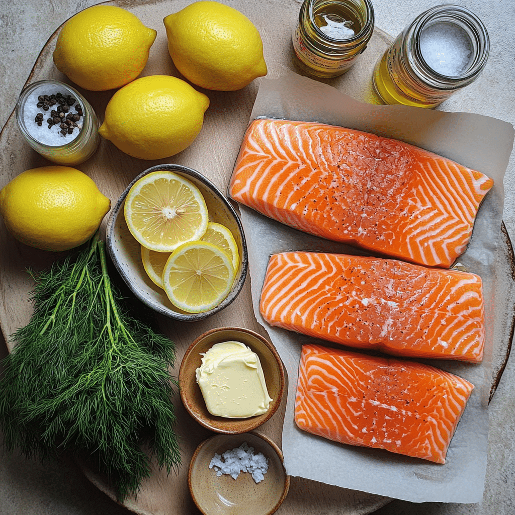 Ingredients for baked salmon including salmon fillets, lemons, dill, butter, and garlic.