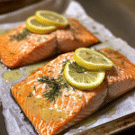Baked salmon with lemon slices and dill on a sheet pan.