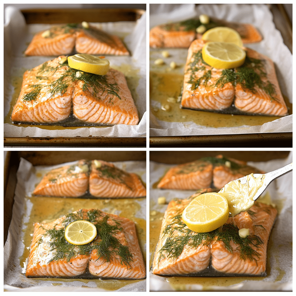 Four panel collage showing the steps to bake salmon with lemon and dill.