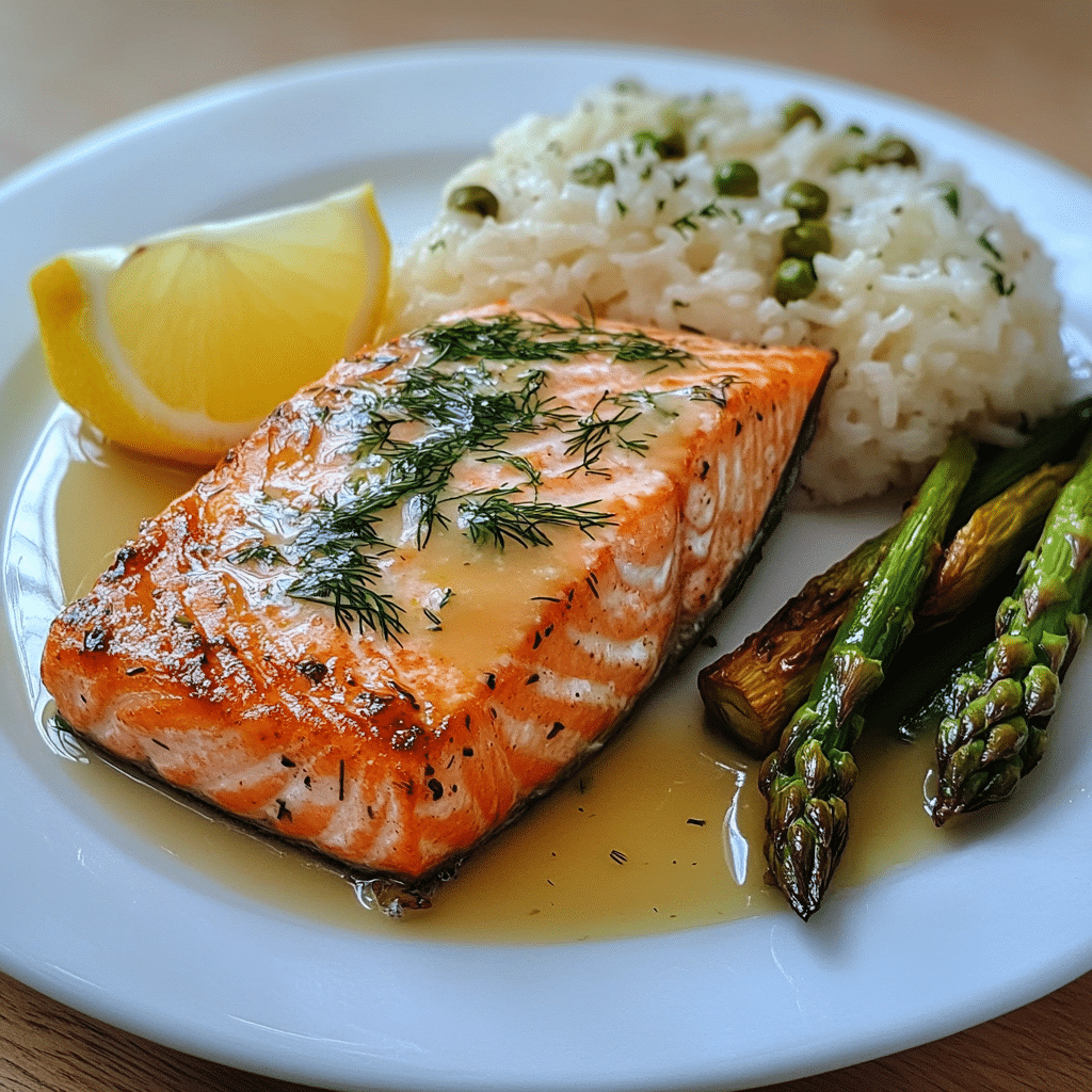 Plate of baked salmon with lemon and dill served with rice and asparagus.