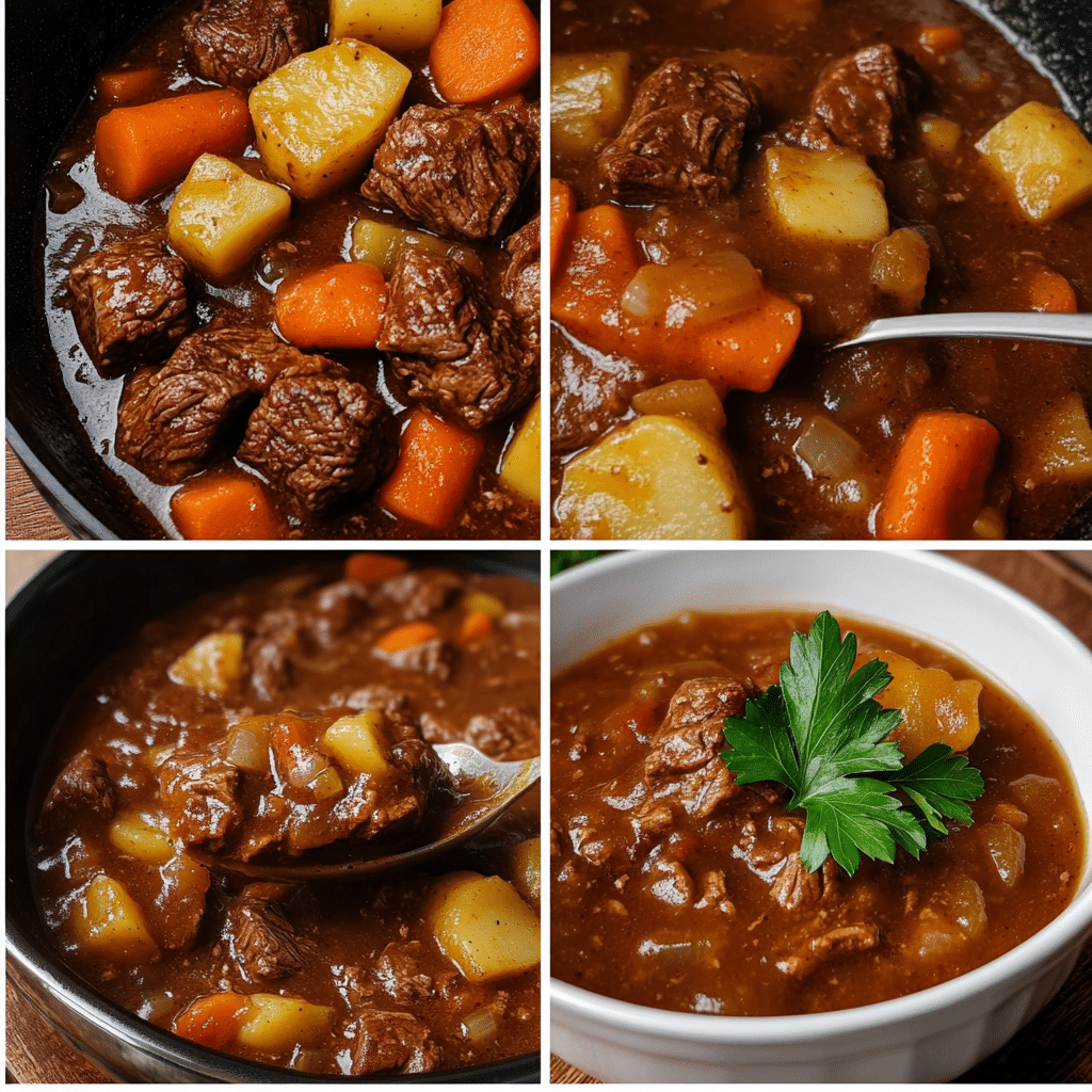 Four photo collage showing the steps to make slow cooker beef stew from searing beef to serving.