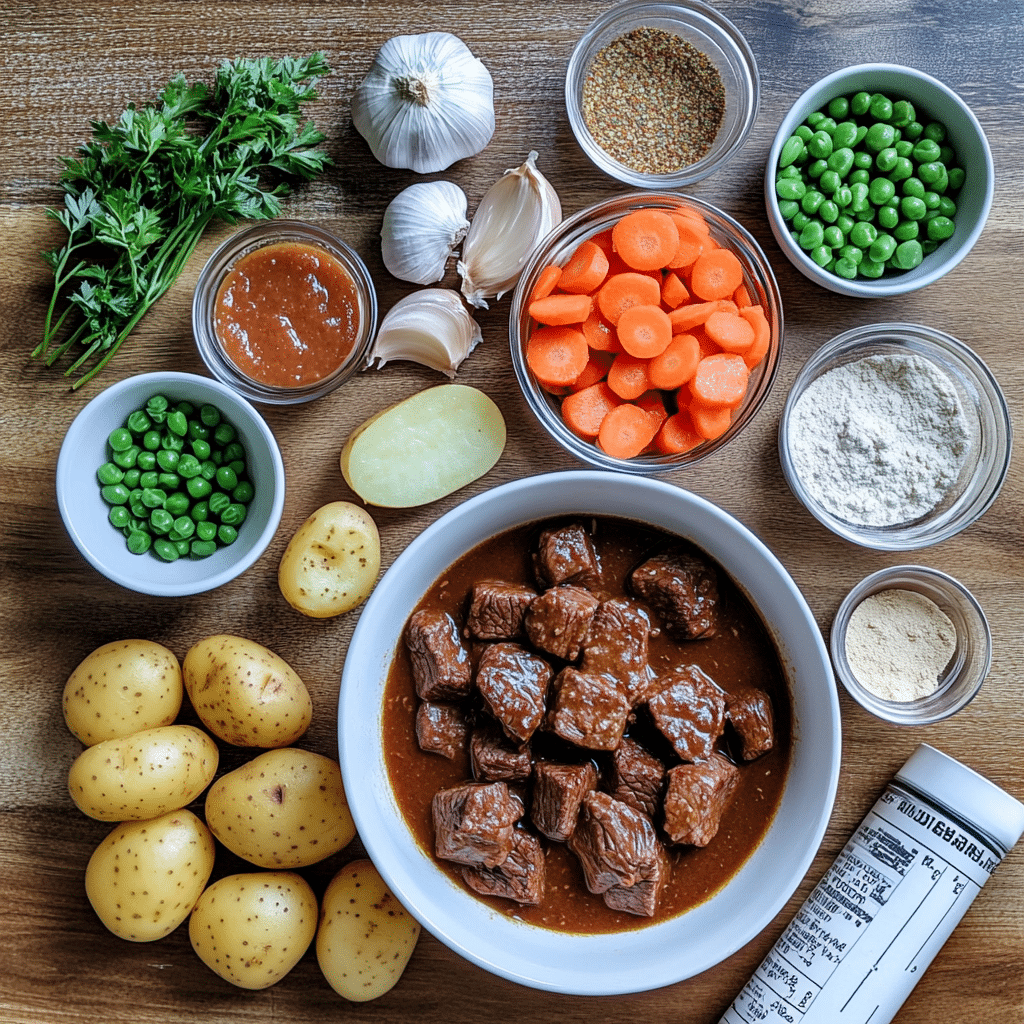Overhead photo of cubed beef, potatoes, carrots, onion, garlic, tomato paste, broth, and seasonings on a wooden counter.