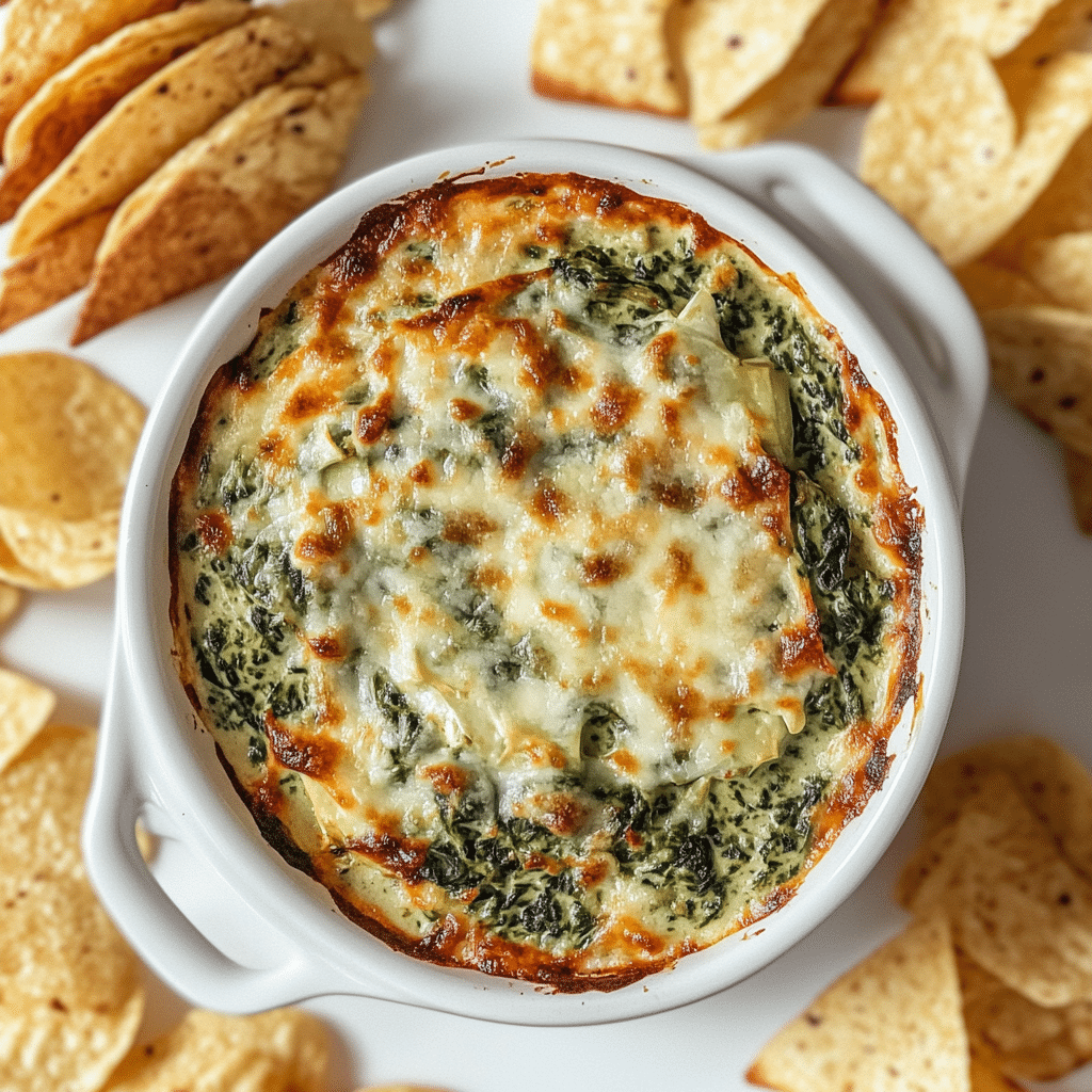 Overhead view of spinach artichoke dip baked in a dish with toasted bread slices around it