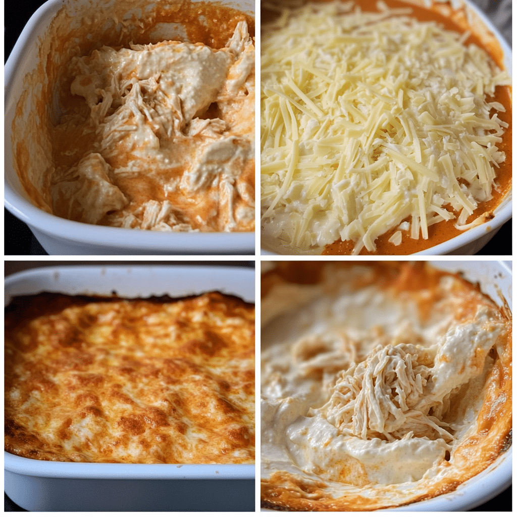 Four-panel collage showing mixing, filling the dish, topping with cheese, and baked buffalo chicken dip being scooped