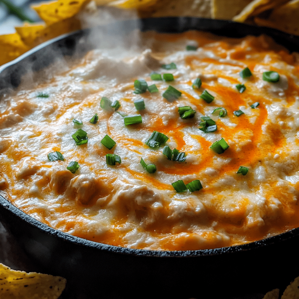 Overhead view of buffalo chicken dip bubbling in a cast iron skillet with melted cheese and green onions