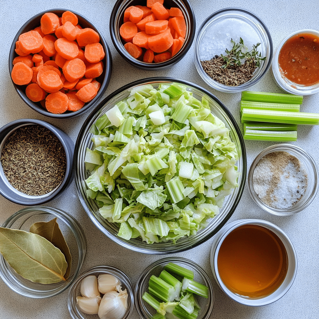 Cabbage soup ingredients including cabbage, carrots, celery, tomatoes, broth, and herbs.