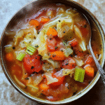 Bowl of cabbage soup with carrots, celery, tomatoes, and herbs in broth.