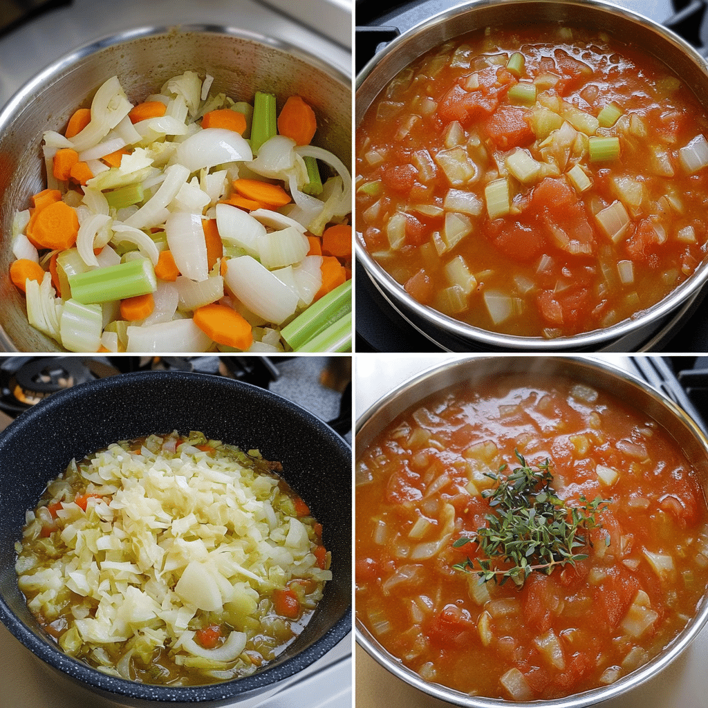 Four-step collage of sautéing vegetables, adding tomato paste, simmering cabbage, and serving cabbage soup.