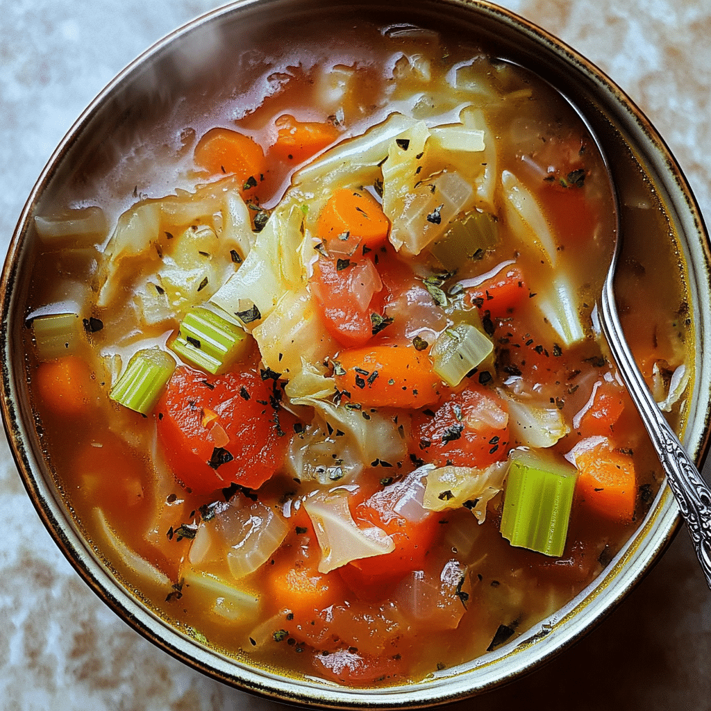 Bowl of cabbage soup with carrots, celery, tomatoes, and herbs in broth.