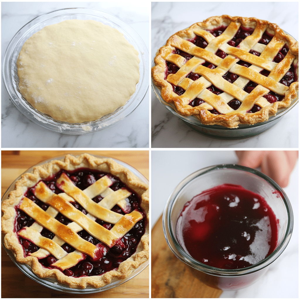 Four-panel collage showing rolling crust, mixing cherry filling, reducing juices on stove, and baked lattice cherry pie