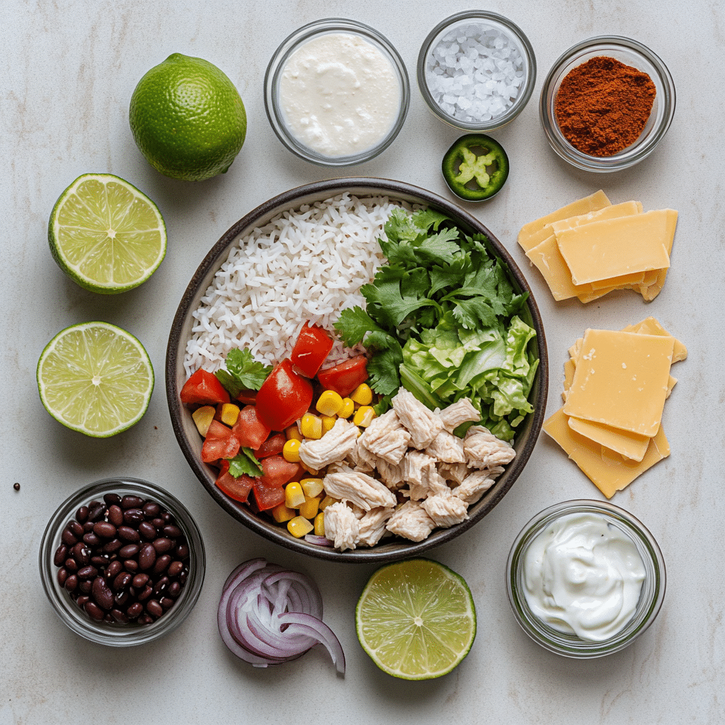 Chicken burrito bowl ingredients including rice, beans, corn, lime, cilantro, spices, and toppings.