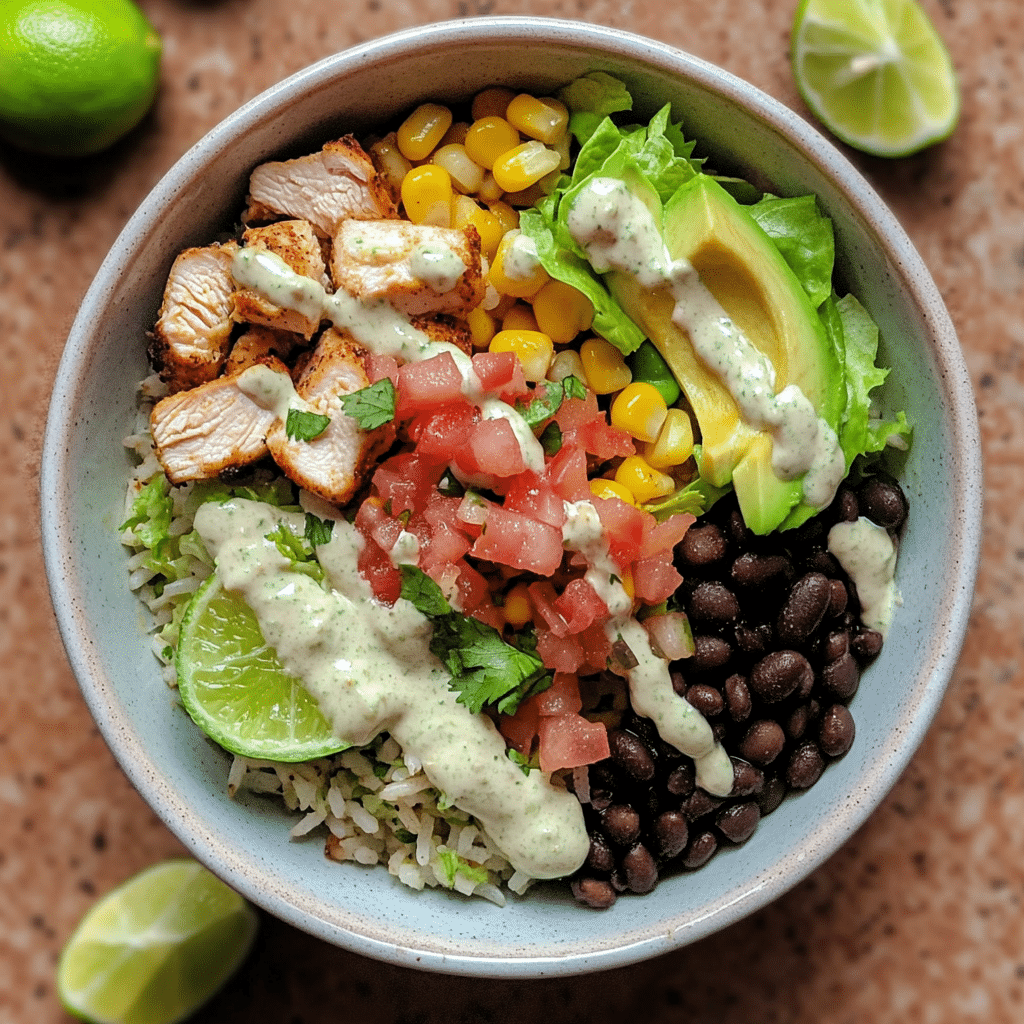 Homemade chicken burrito bowl with cilantro-lime rice, beans, corn, avocado, and pico de gallo.