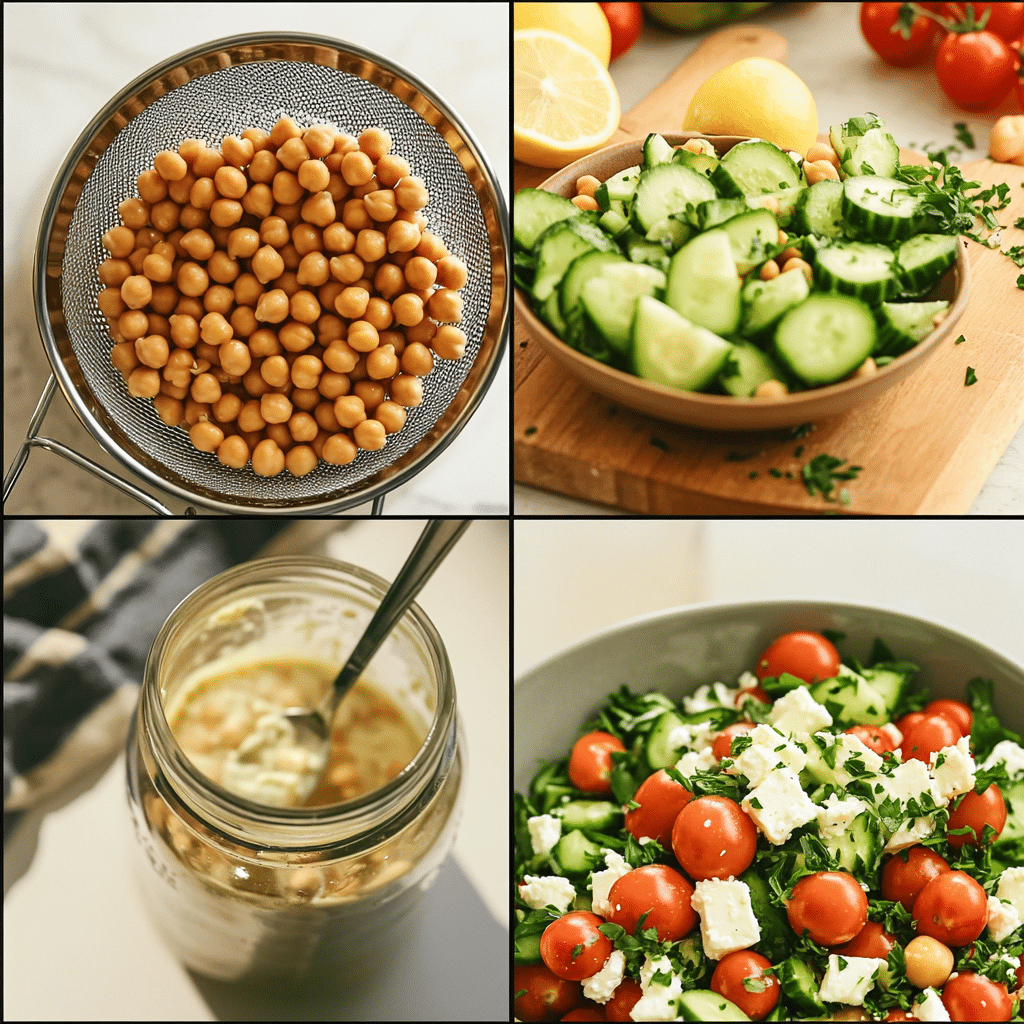 Four-panel collage showing chickpeas being rinsed, veggies chopped, dressing whisked, and salad tossed with feta