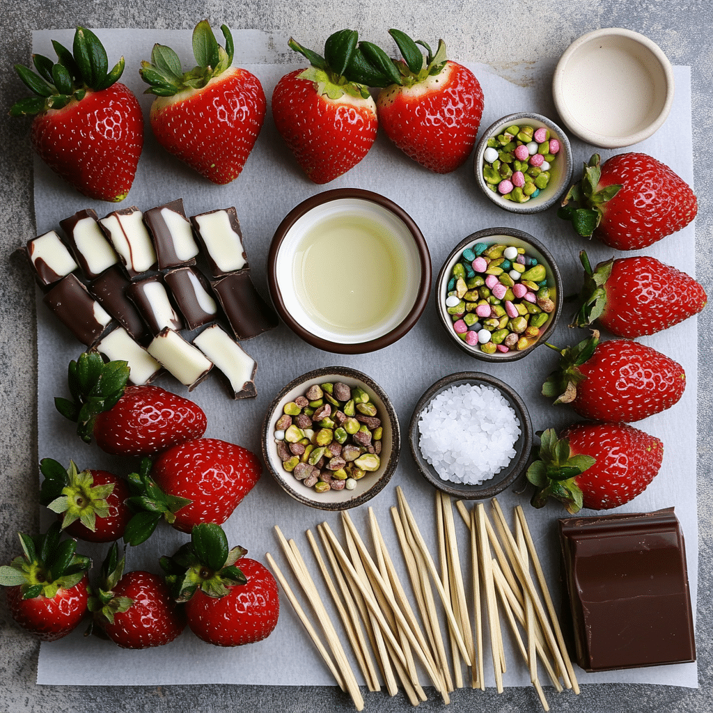 Ingredients for chocolate covered strawberries including strawberries, chocolate, and toppings.