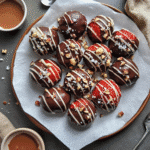 Plate of chocolate covered strawberries with white chocolate drizzle and sprinkles.