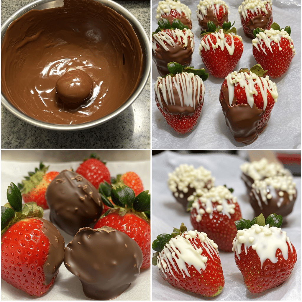 Four panel collage showing drying strawberries, melting chocolate, dipping, and finished decorated strawberries.