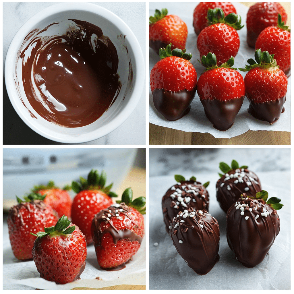 Four-panel collage showing drying strawberries, melting chocolate, dipping, and finished strawberries setting on parchment