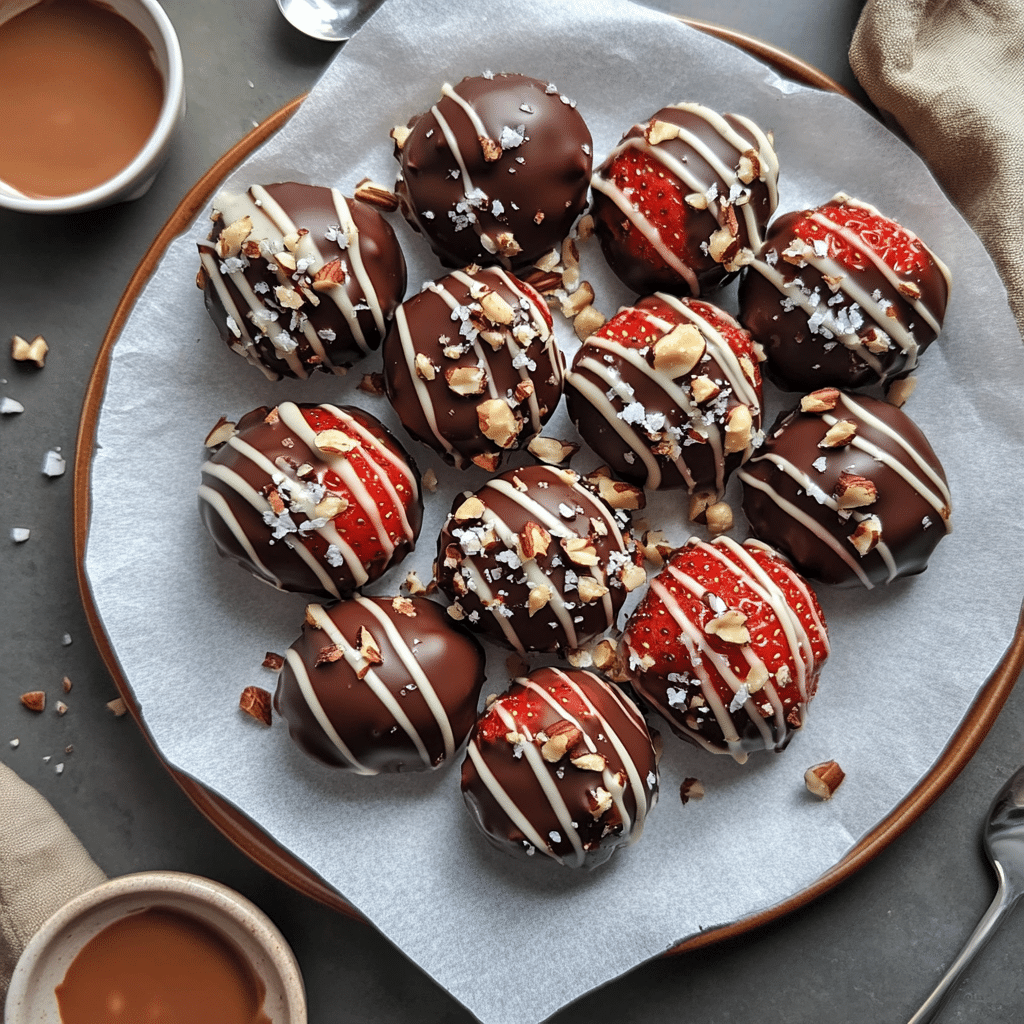 Plate of chocolate covered strawberries with white chocolate drizzle and sprinkles.