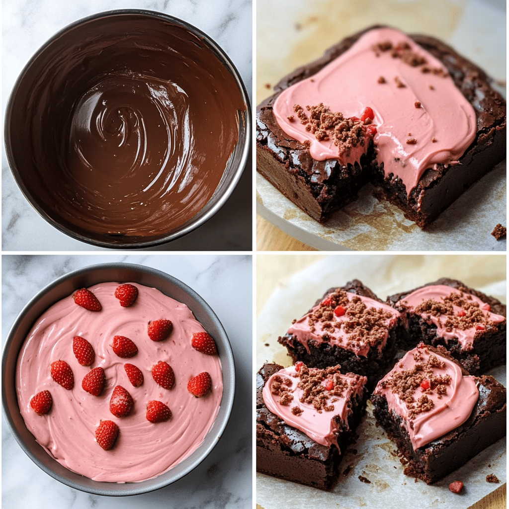 Four-panel collage showing brownie batter, pan baking, strawberry frosting, and chocolate drizzle