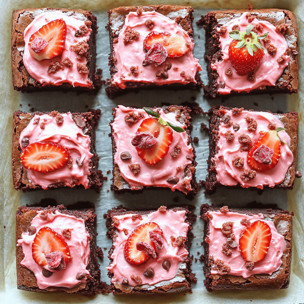 Fudgy brownies with strawberry frosting and chocolate ganache drizzle topped with strawberry pieces