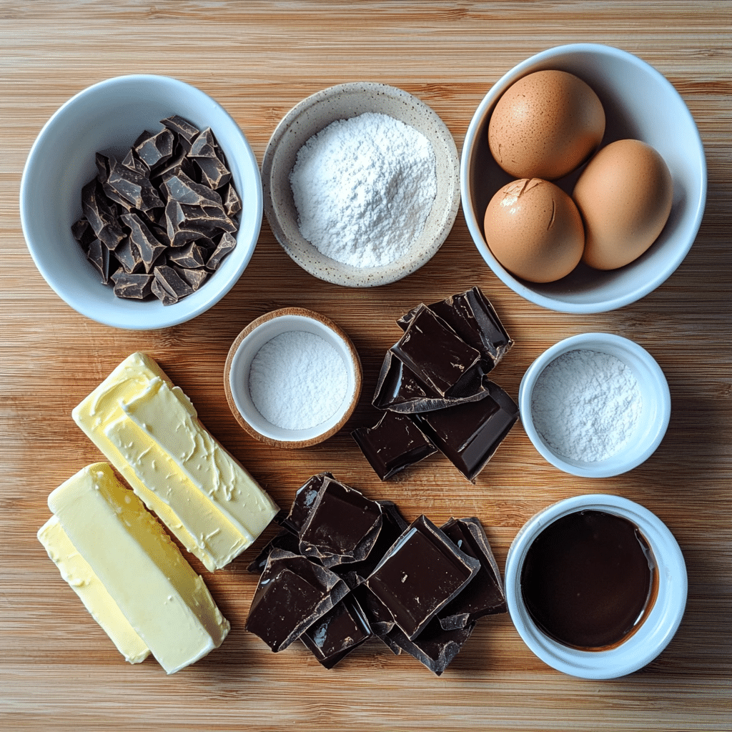 Ingredients for chocolate lava cakes including baking chocolate, butter, eggs, flour, powdered sugar, and ramekins.