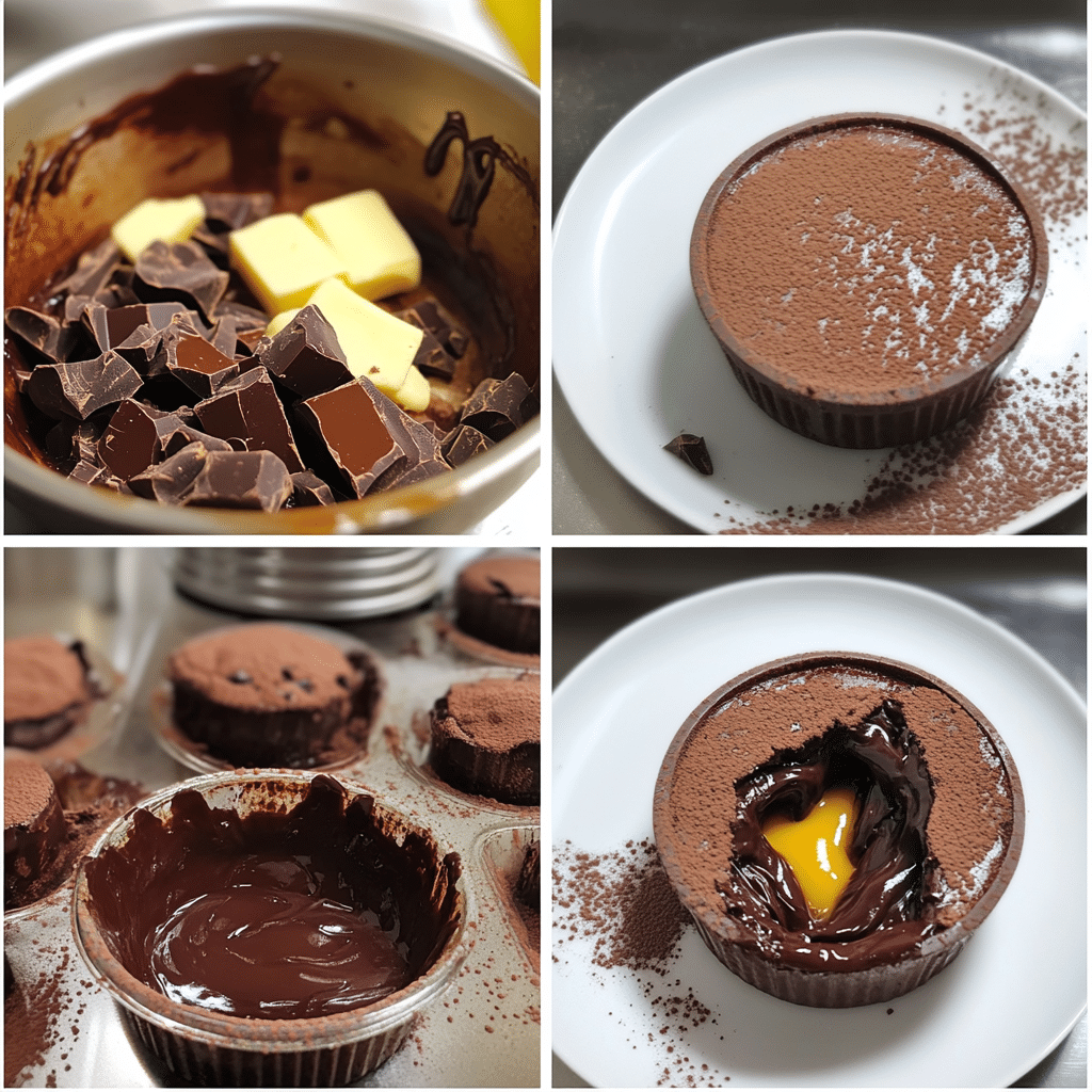 Four-step collage showing how to make chocolate lava cakes from melting chocolate to baked molten cakes.