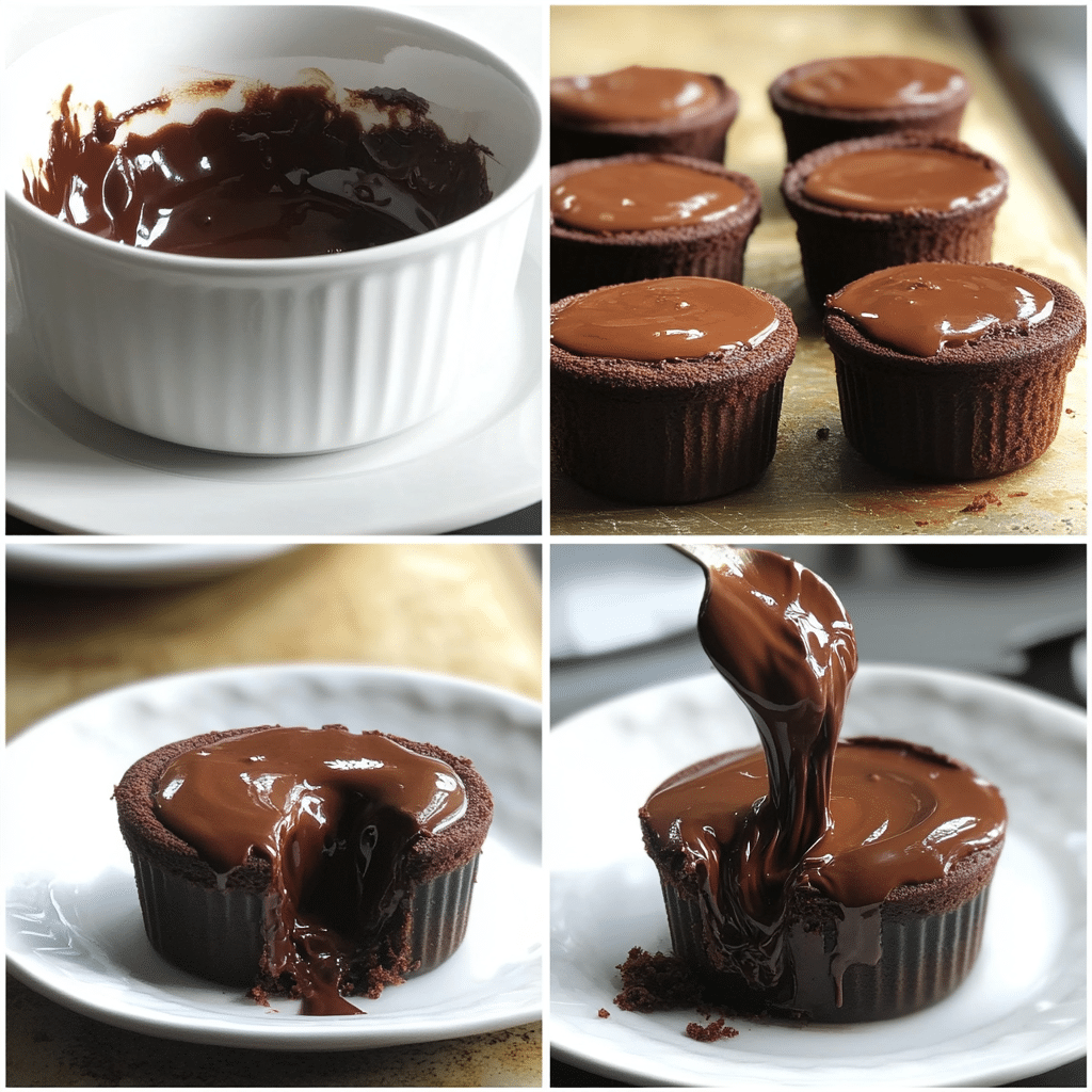 Four-panel collage showing melting chocolate, mixing batter, filling ramekins, and baked lava cakes with molten centers