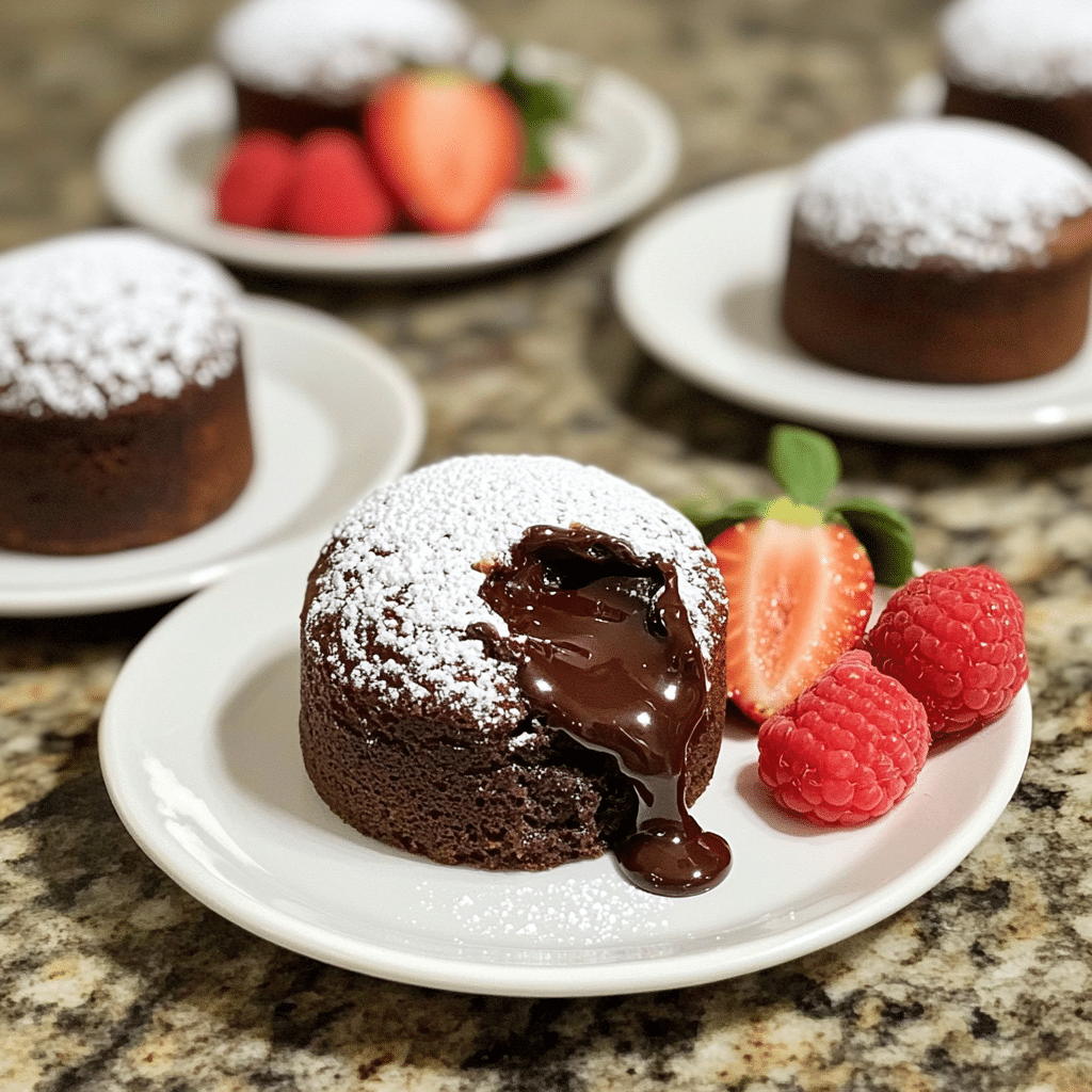 Overhead view of chocolate lava cakes dusted with powdered sugar, one cut open with molten chocolate flowing out