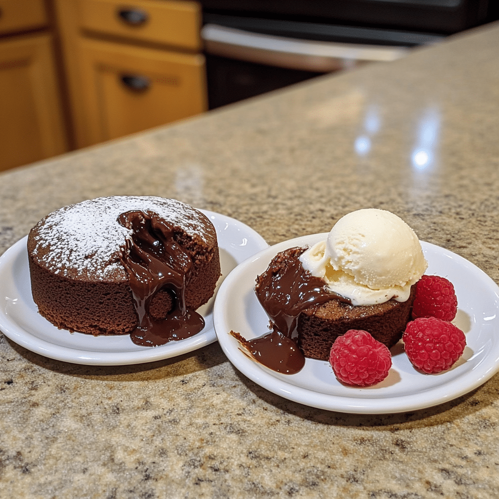 Chocolate lava cakes split open with molten chocolate center and vanilla ice cream.