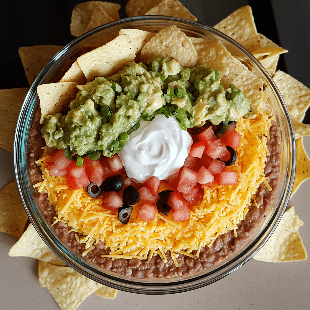 Overhead view of 7 layer dip in a clear glass dish with visible layers and tortilla chips around it