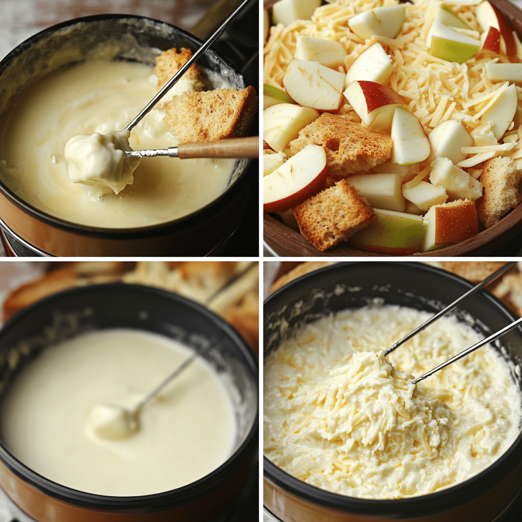 Four-panel collage showing rubbing pot with garlic, warming wine, whisking in cheese, and serving bubbling fondue with dippers