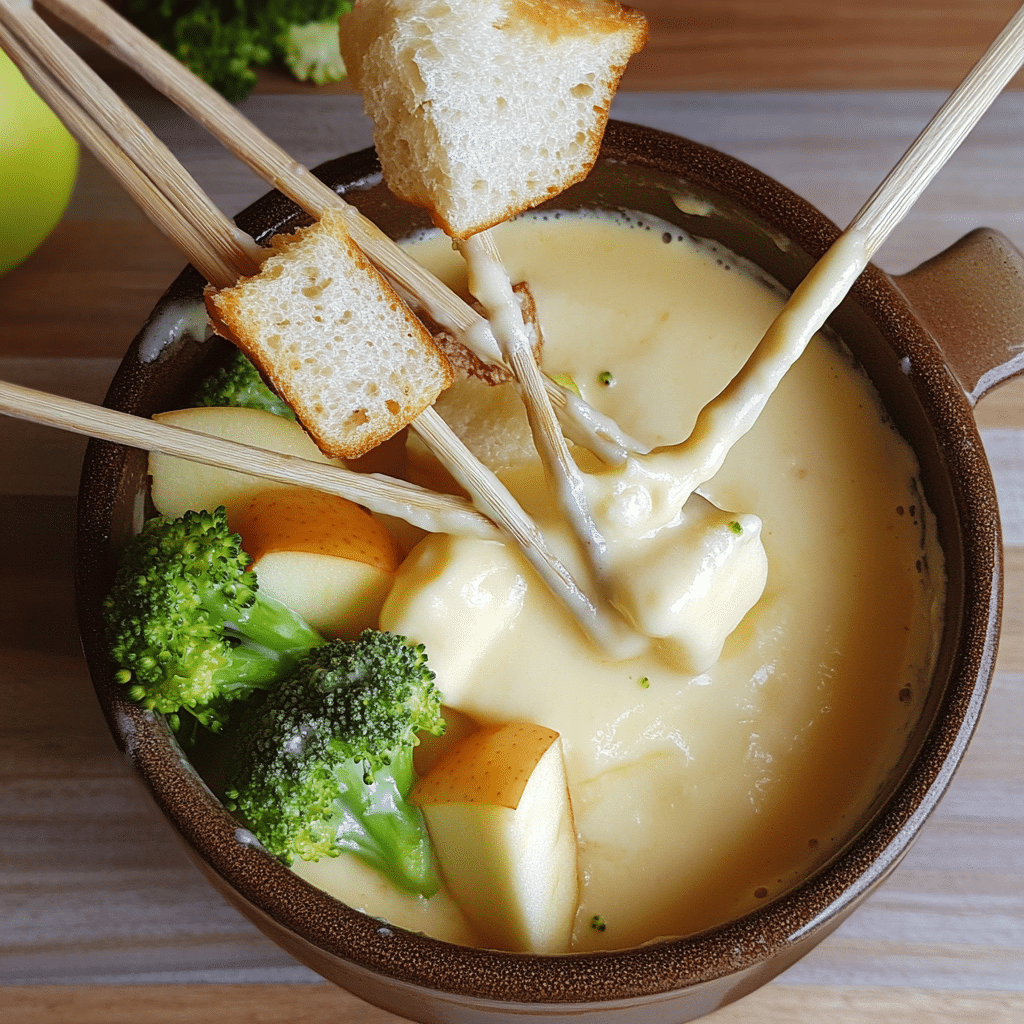 Bubbling cheese fondue in a fondue pot with bread cubes and apples for dipping