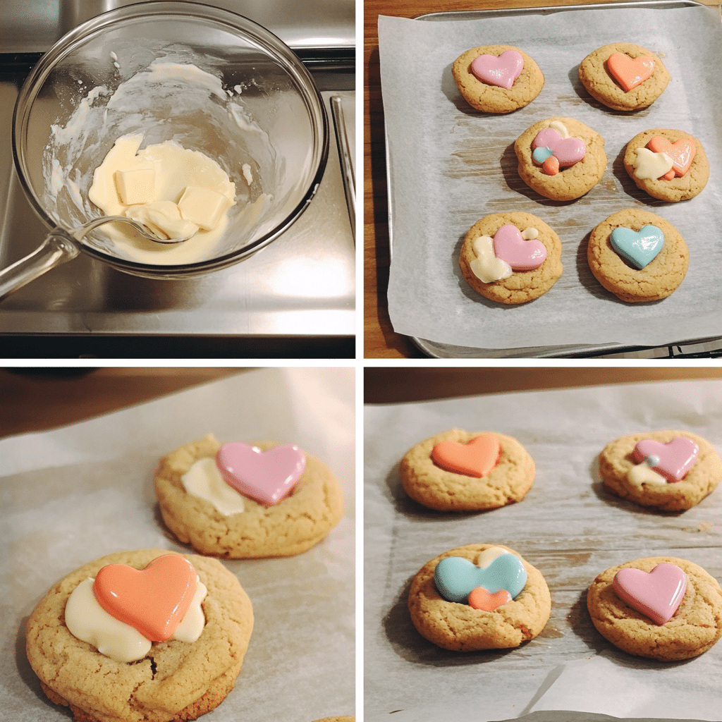 Four-panel collage showing mixing dough, scooping dough, baked cookies, and pressing hearts onto warm cookies