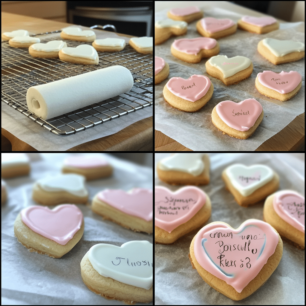 Four-panel collage showing cutting heart cookies, cooling, dipping in pastel icing, and finished cookies with messages
