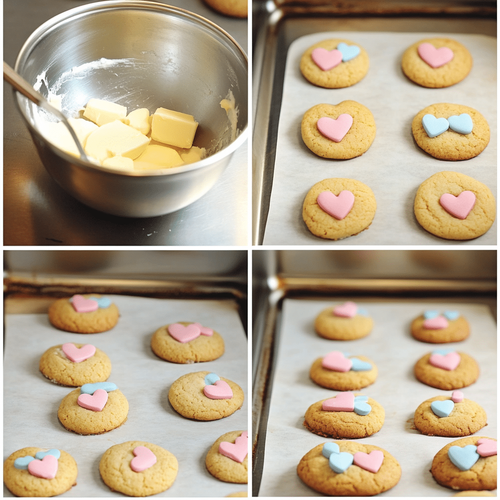 Four-panel collage showing mixing dough, scooping dough, baked cookies, and pressing hearts onto warm cookies