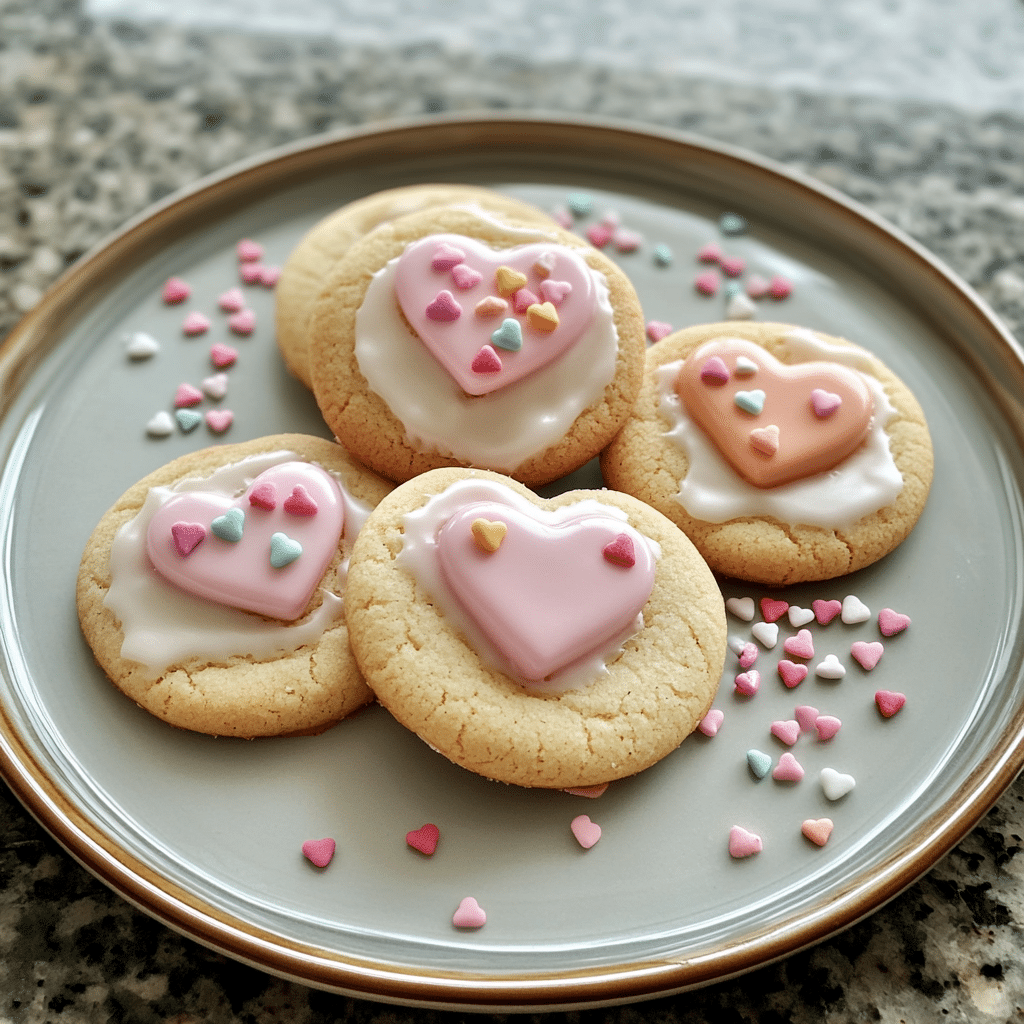 Soft sugar cookies topped with pastel conversation heart candies on a plate