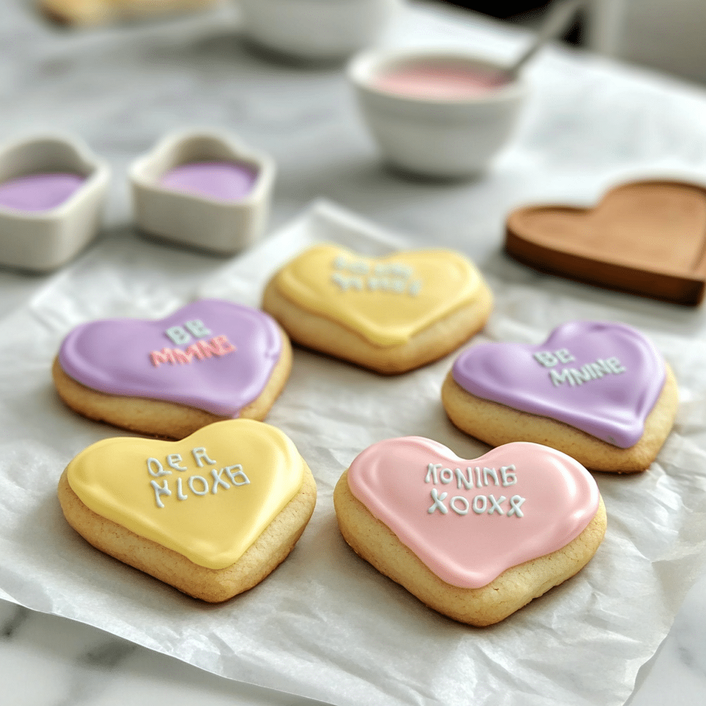 Pastel conversation heart cookies with matte icing and stamped Valentine messages on parchment paper