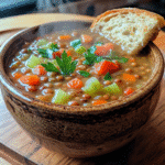 Bowl of homemade lentil soup with vegetables and parsley on a wooden table.
