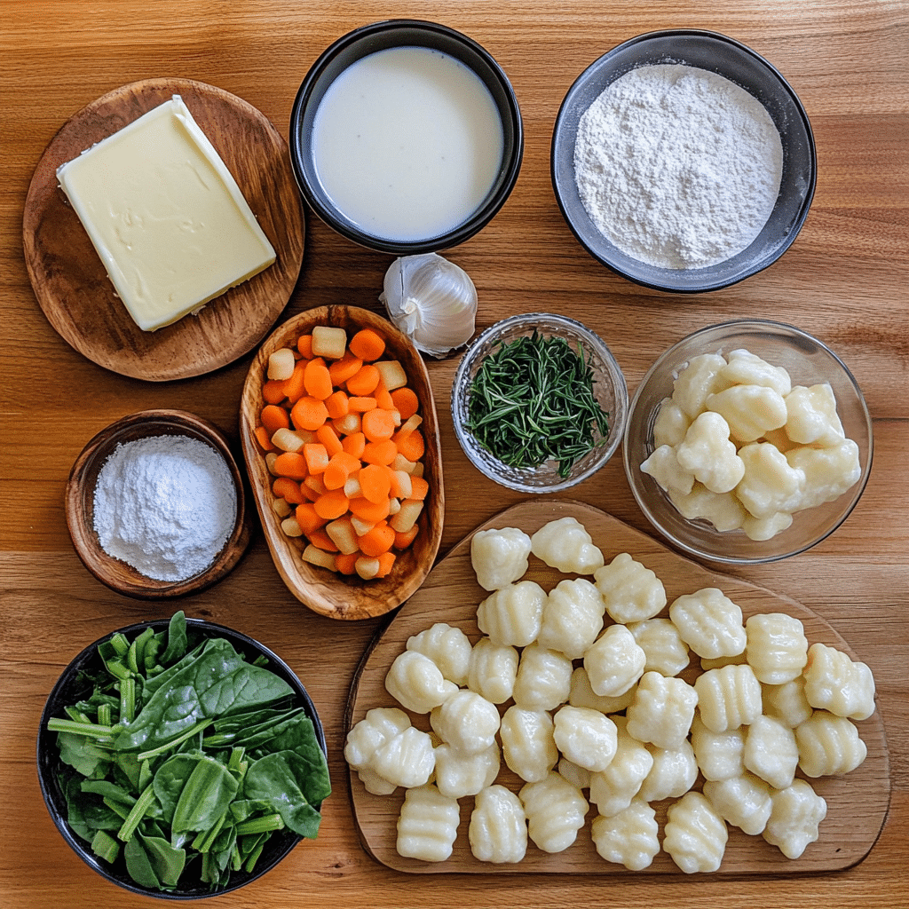 Overhead view of butter, vegetables, broth, cream, gnocchi, and chicken arranged on a wooden counter.