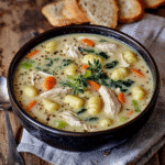 Dark bowl filled with creamy chicken gnocchi soup with gnocchi, carrots, spinach, and chicken on a wooden table.