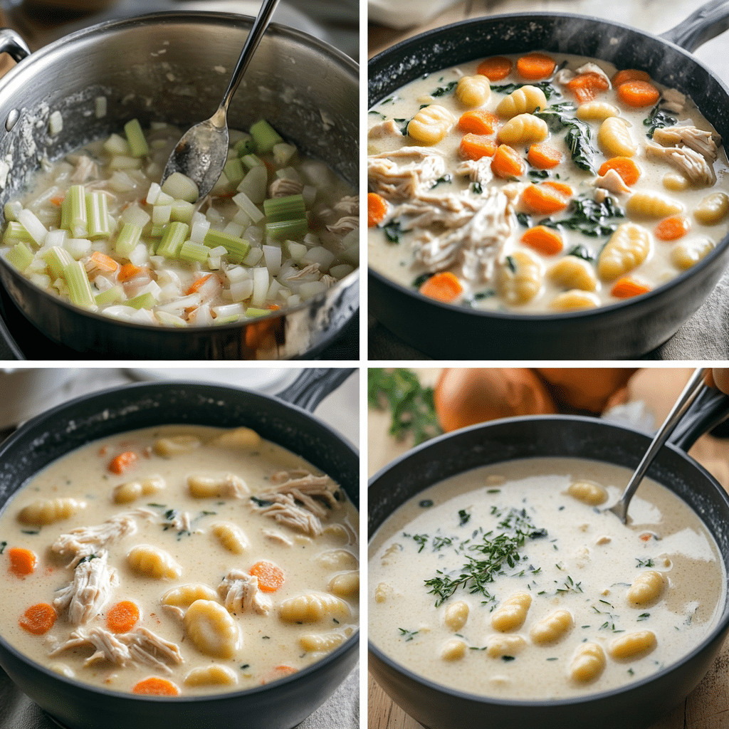 Four photo collage showing sautéing vegetables, making a roux, simmering soup, and serving chicken gnocchi soup.