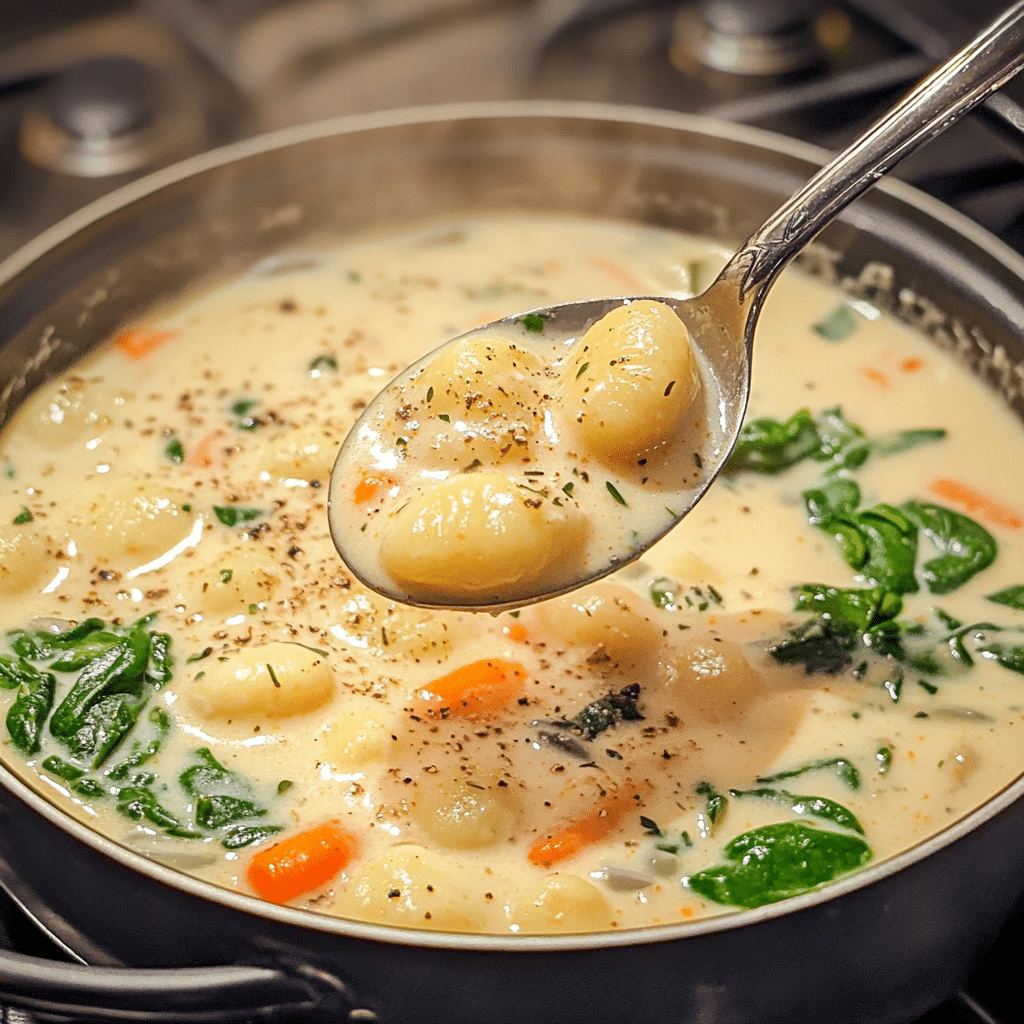 Spoon lifting creamy chicken gnocchi soup with gnocchi, spinach, and carrots.