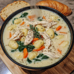 Creamy chicken gnocchi soup in a bowl with spinach, carrots, and potato gnocchi.