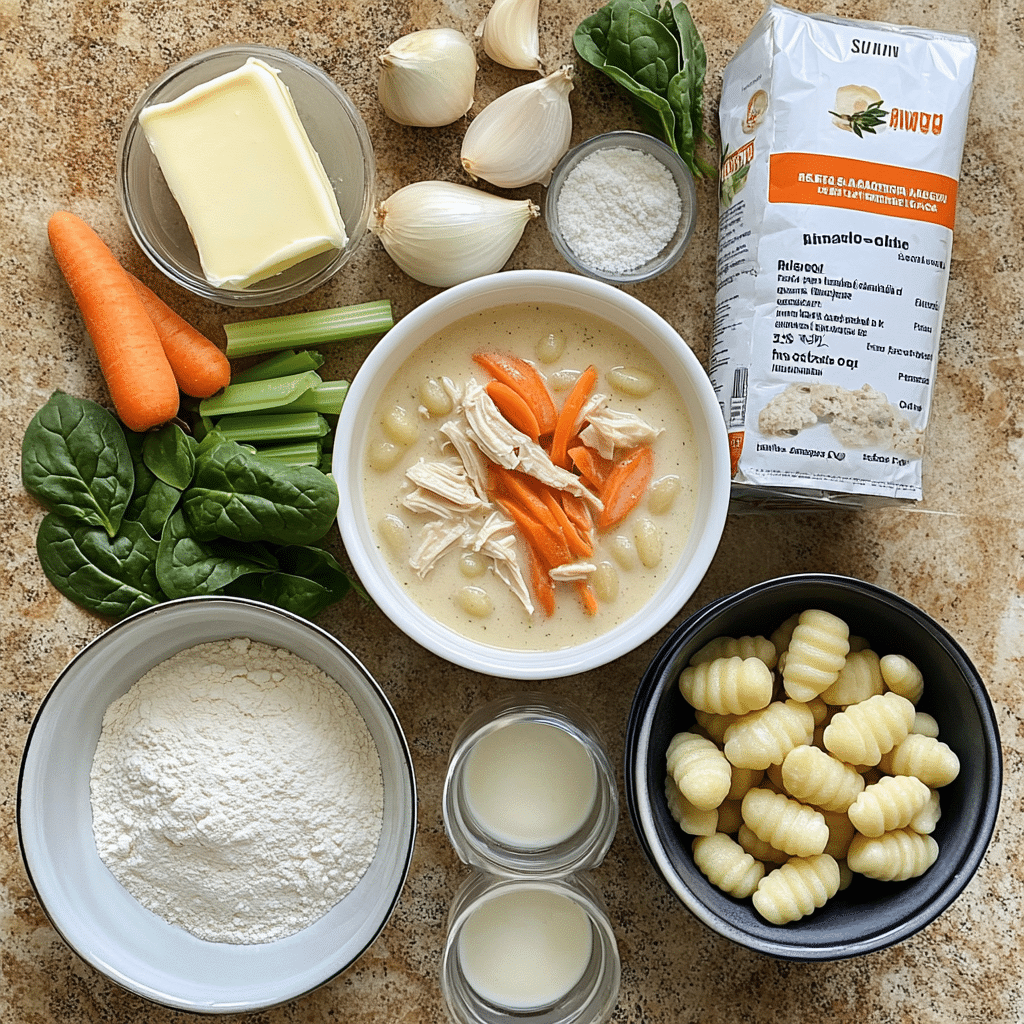 Ingredients for creamy chicken gnocchi soup arranged on a kitchen counter.