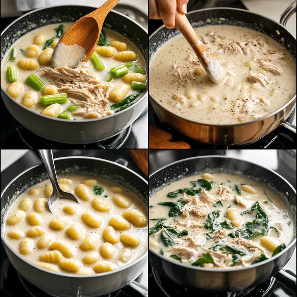 Four-panel collage showing steps for creamy chicken gnocchi soup from sautéing to simmering.