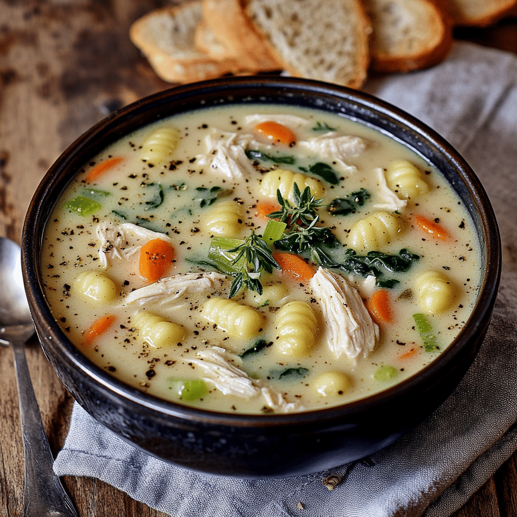 Dark bowl filled with creamy chicken gnocchi soup with gnocchi, carrots, spinach, and chicken on a wooden table.
